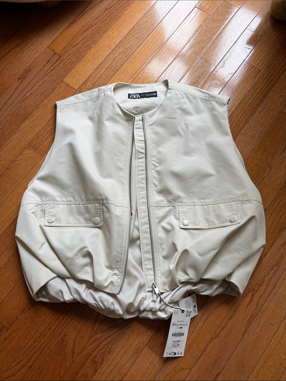 Zara Cream Sleeveless Zip Pocket Drawcord Vest